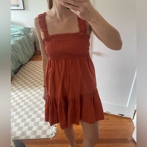 Abercrombie and Fitch Smocked Shirred Ruffle Tiered Mini Dress XS Rust Orange